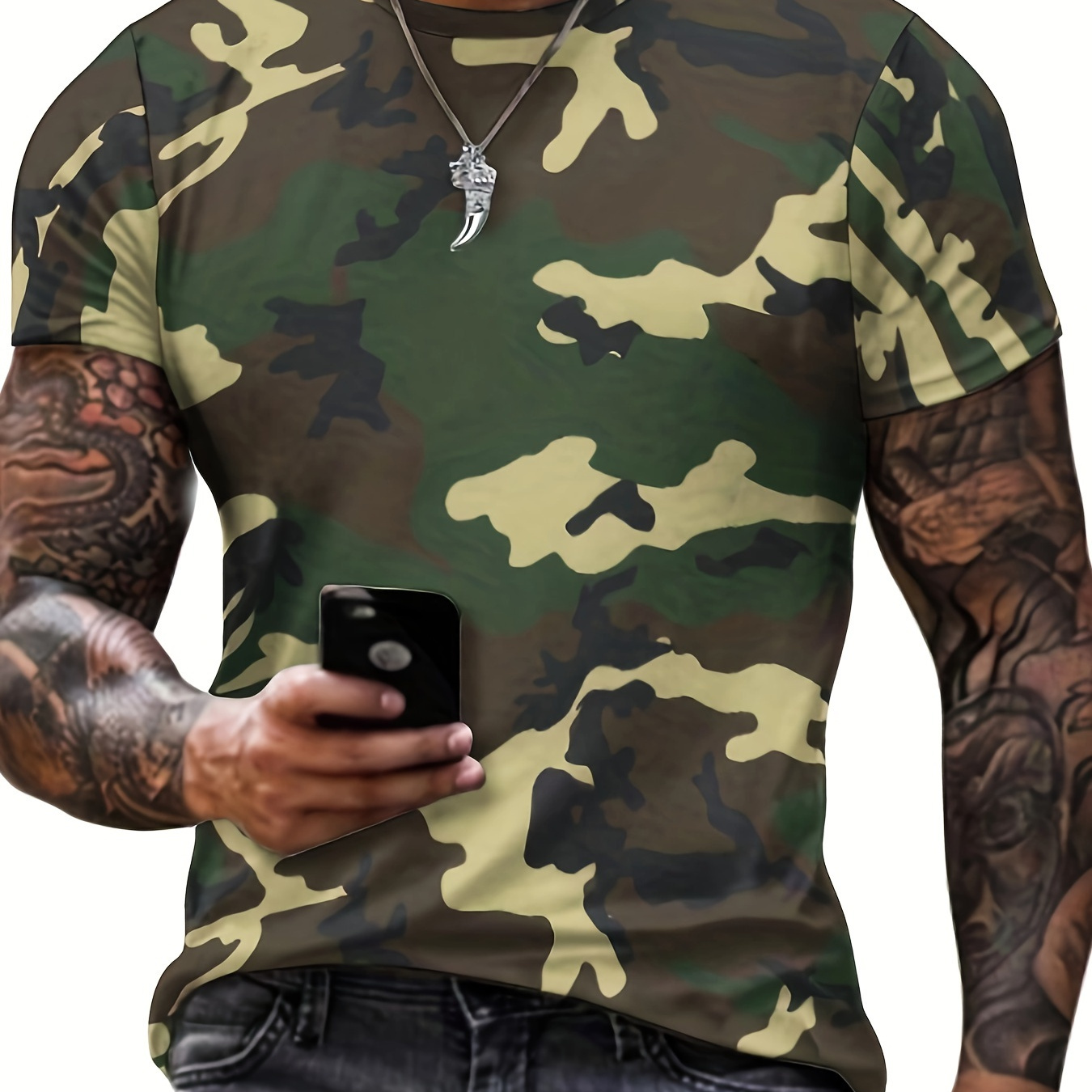 

Green Camo Pattern Design Crew Neck Short Sleeve T-shirt For Men, Casual Summer T-shirt For Daily Wear And Vacation Resorts