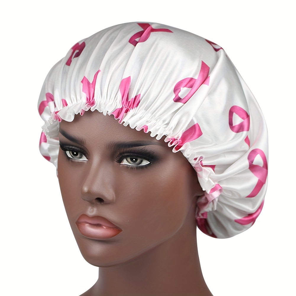 

Ribbon Print Satin Bonnet Breast Cancer Awareness Sleeping Cap Curly Hair Bonnets Large Breathable Bonnet Shower Cap