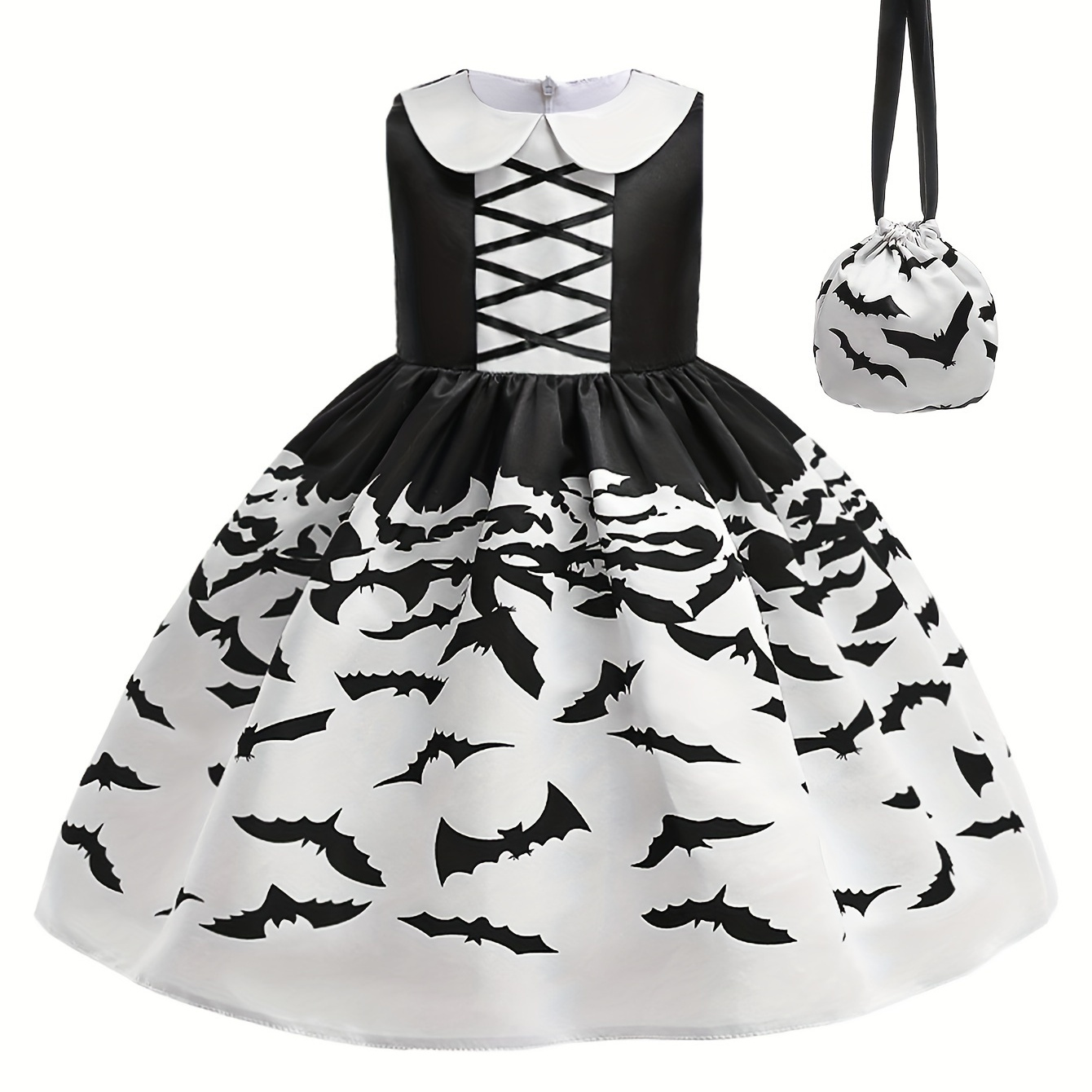 

Fsmktz Girls Stylish & Elegant Doll Collar Crisscross Striped Bats Print Tutu Dress Up Dress For Halloween Party