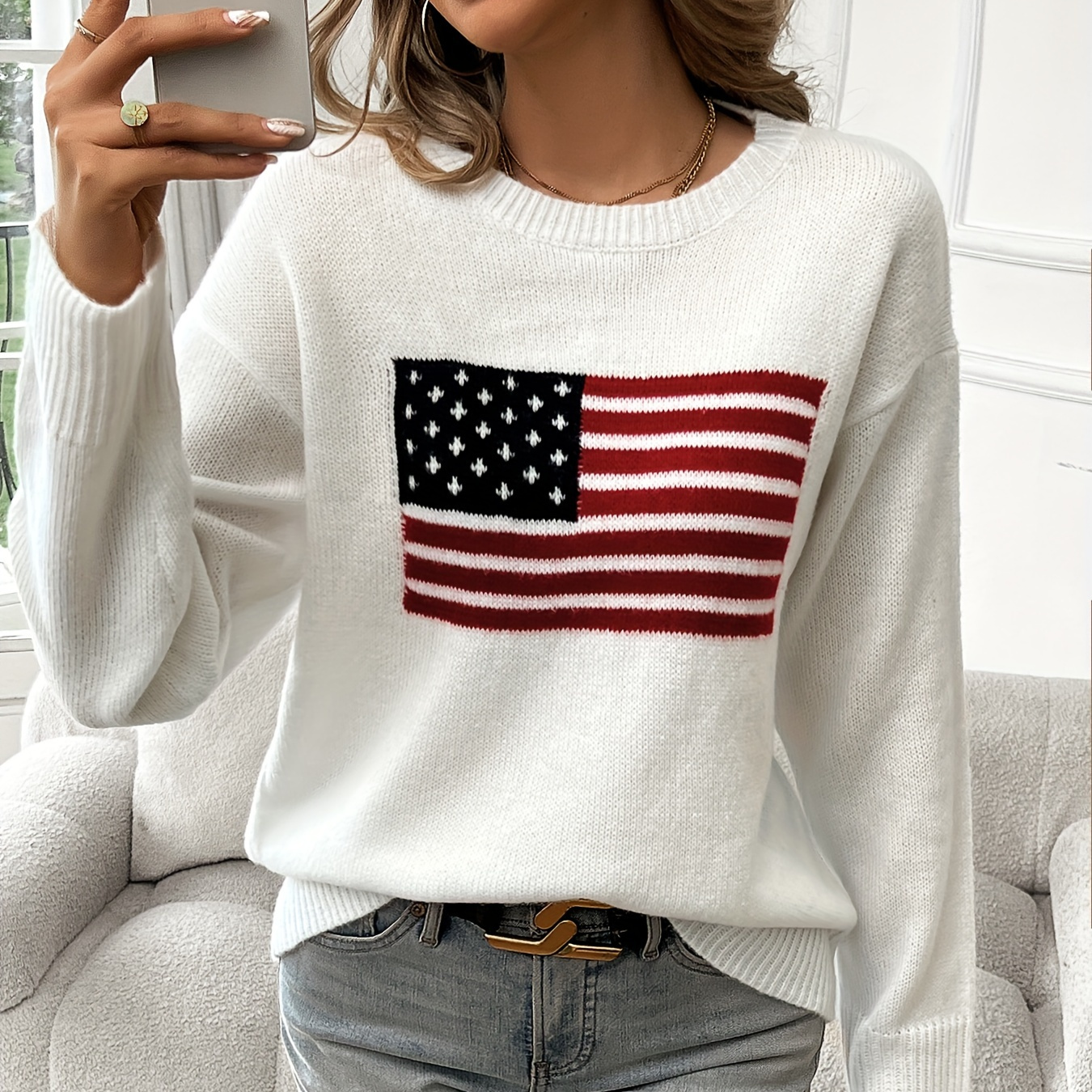 

American Flag Pattern Crew Neck Sweater, Elegant Long Sleeve Sweater For Fall & Winter, Women's Clothing