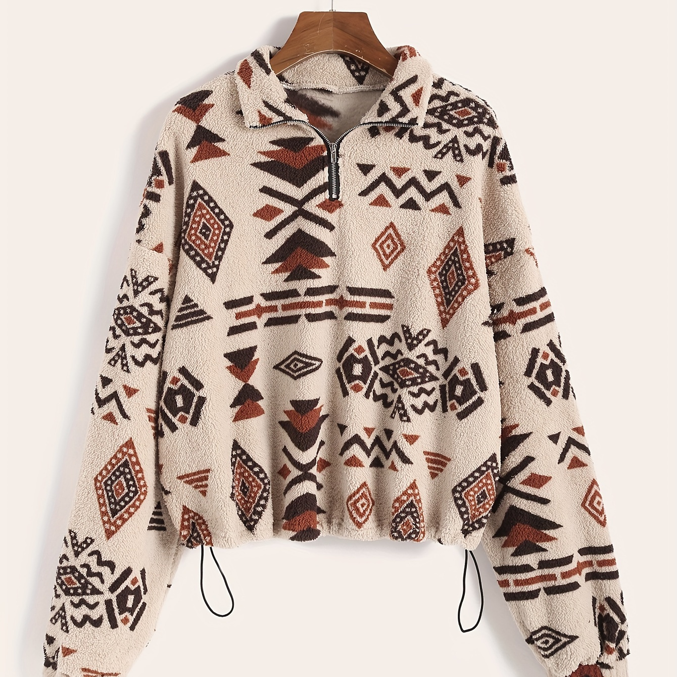 

Ethnic Pattern Zip Up Sweatshirt, Casual Long Sleeve Drop Shoulder Outwear For Fall & Winter, Women's Clothing