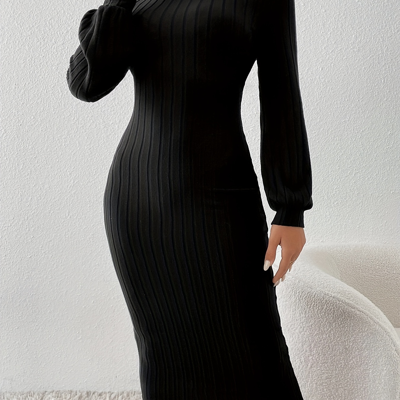 

Turtleneck Ribbed Solid Dress, Casual Long Sleeve Bodycon Dress, Women's Clothing
