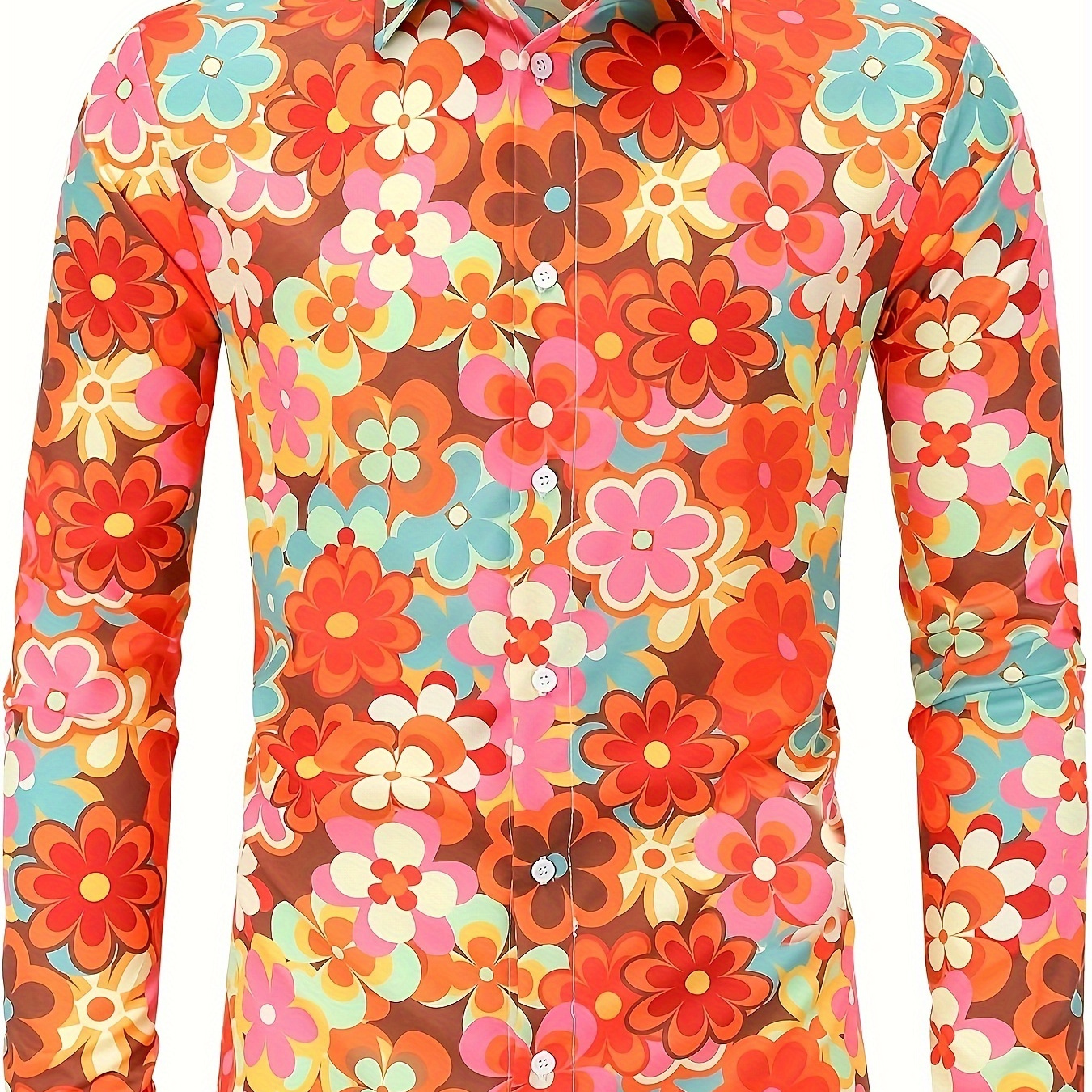 

Men's Vibrant Floral Print Button-up Long Sleeve Shirt - Casual Fall/winter Top In Orange, Pink, Blue & , Polyester , Machine Washable, Casual Men's Wear | Vibrant Casualwear | Smooth Texture