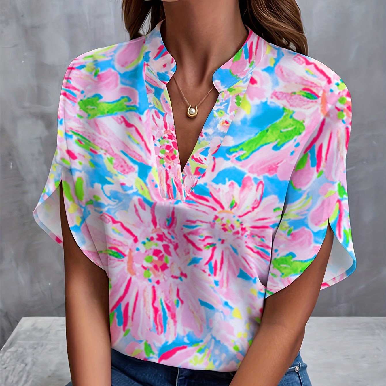 

Abstract Print Notched Neck Blouse, Casual Half Sleeve Blouse For Spring & Fall, Women's Clothing