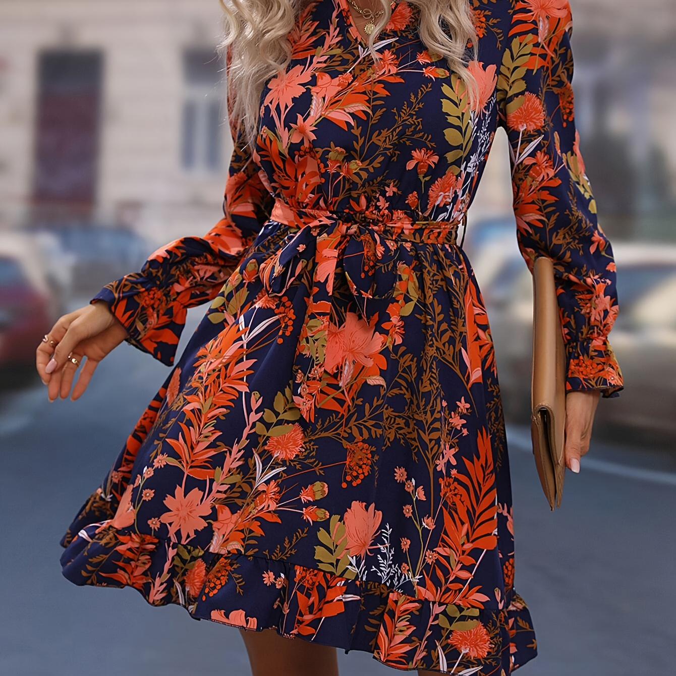 

Elegant Floral V-neck Long Sleeve Dress With Belt - 100% Polyester Woven Midi Dress For Women - Print, Belted , Suitable For Spring/summer/fall