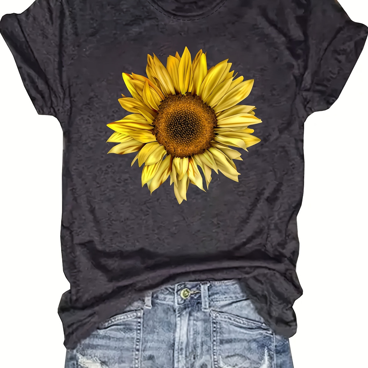 

Sunflower Print Crew Neck T-shirt, Casual Short Sleeve Top For Spring & Summer, Women's Clothing
