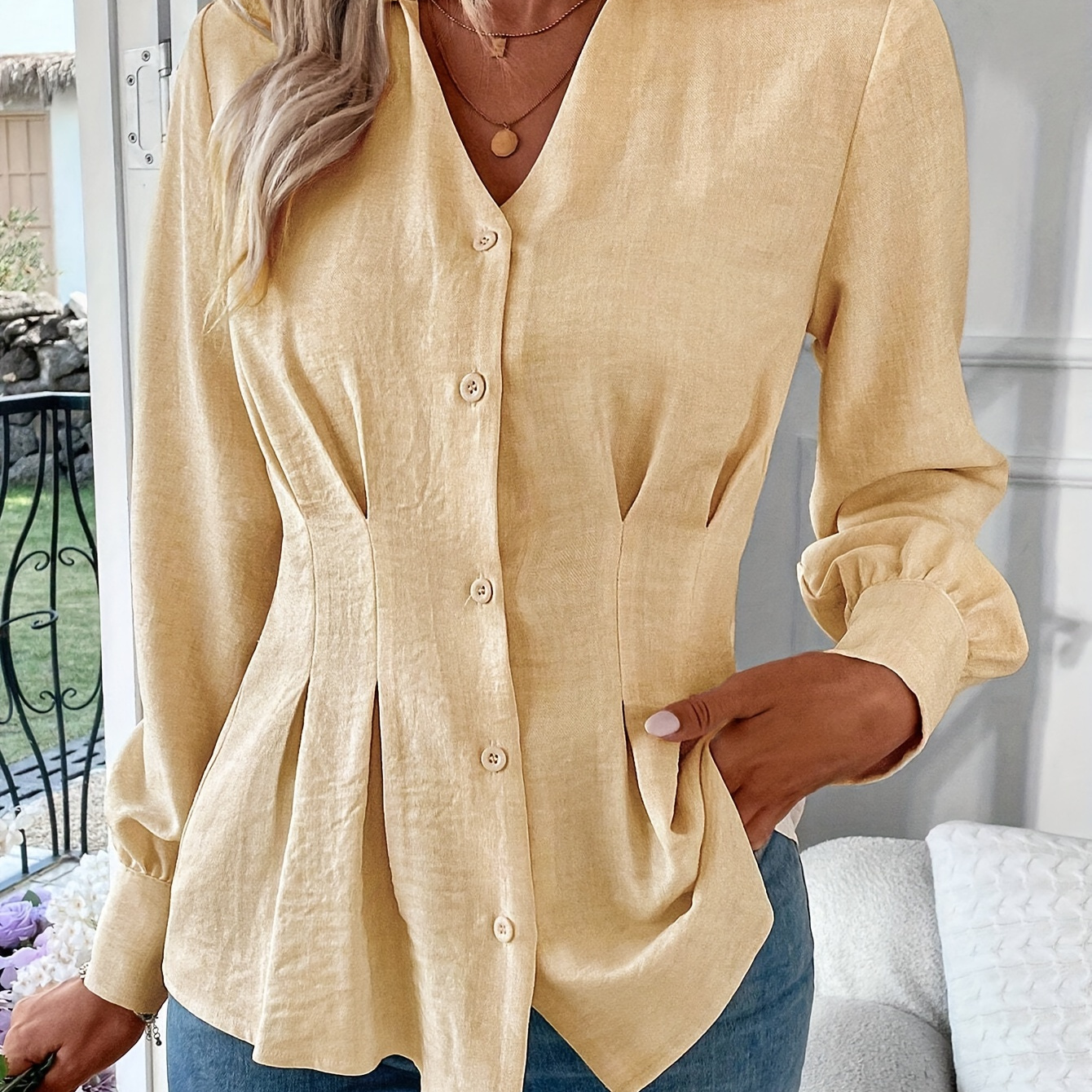 

Solid Pleated Button Front Blouse, Elegant Lantern Sleeve Simple Blouse For Spring & Fall, Women's Clothing