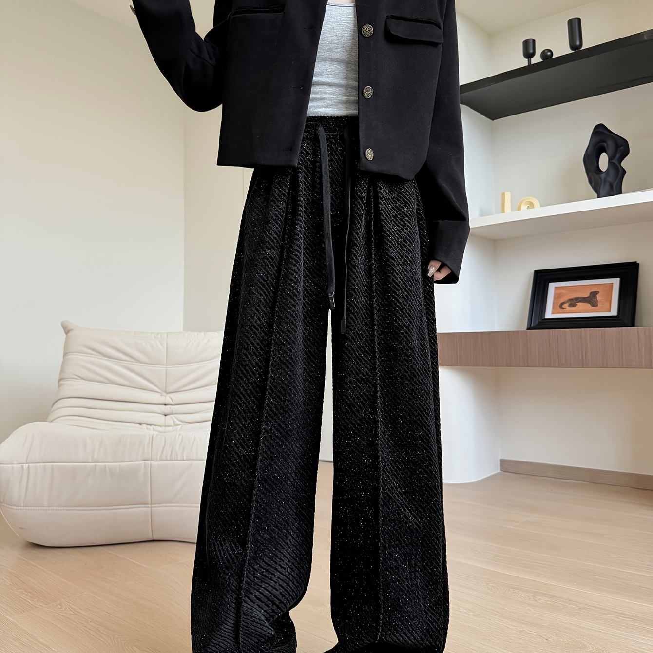

Plush Wide-leg Casual Pants With Drawstring Waist, Soft Comfortable Polyester, Striped Pattern - All