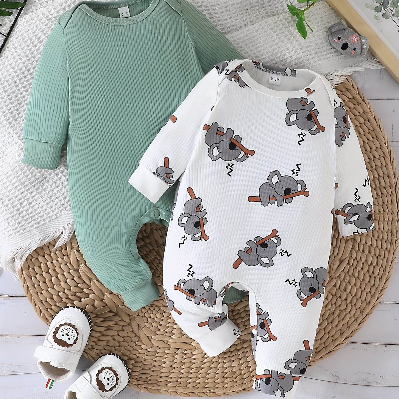 

2pcs Baby's Casual Solid Color Ribbed Onesie + Cartoon Koala Pattern Long Sleeve Romper, Toddler & Infant Boy's Bodysuit Set