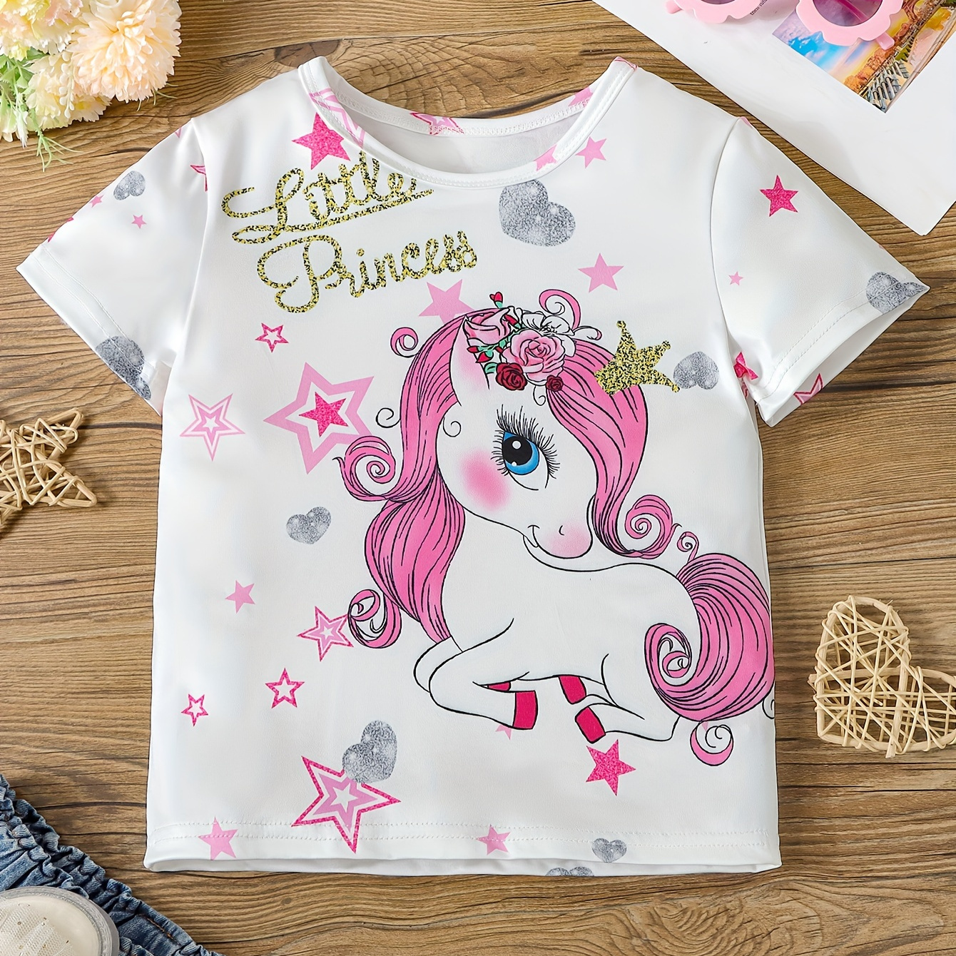 

Versatile Cartoon Unicorn Graphic Little Princess Print Short Sleeve T-shirt Tops For Girls Summer Gift