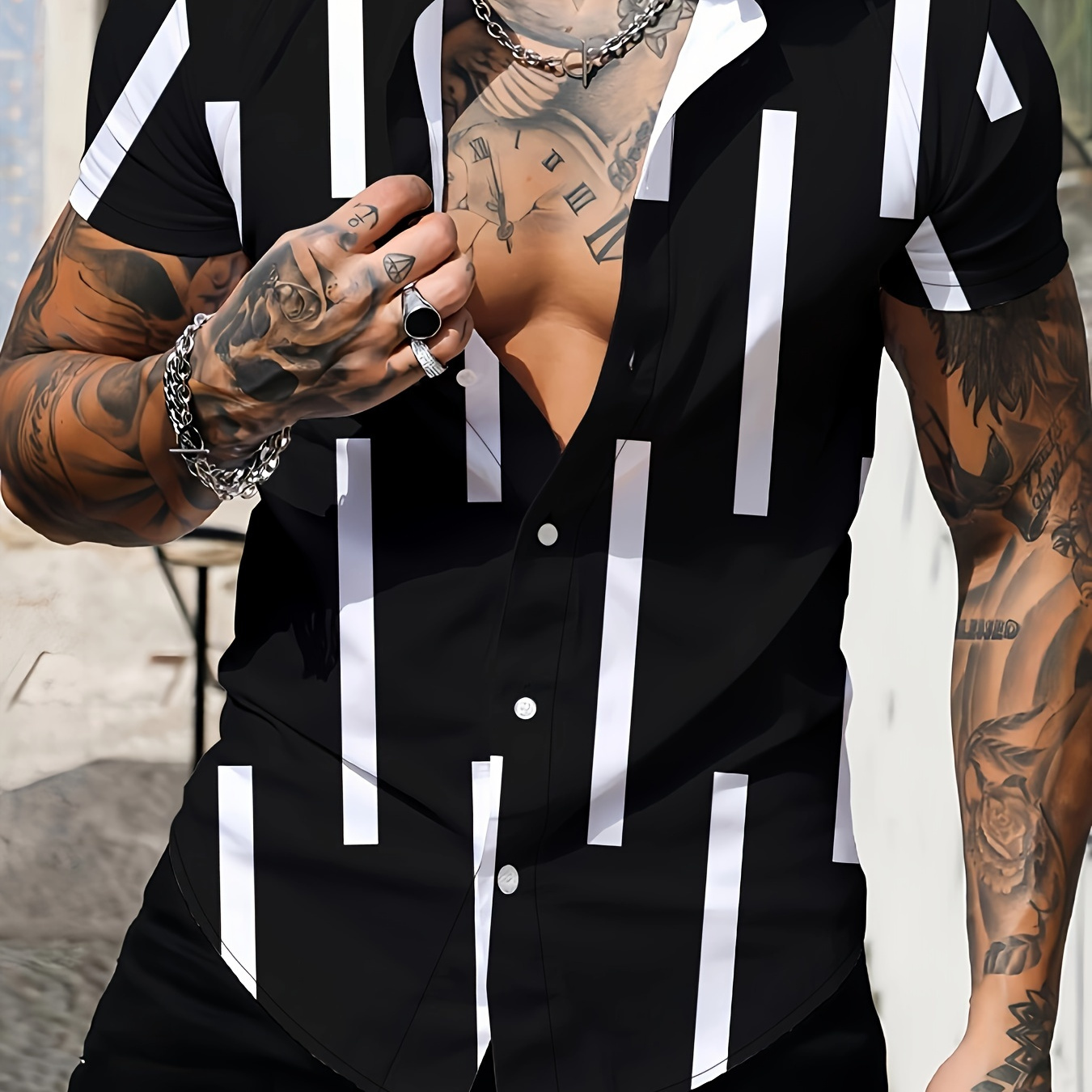 

Chic Color Block Men's Short Sleeve Button Down Shirt, Summer Outdoor, Resort Vacation