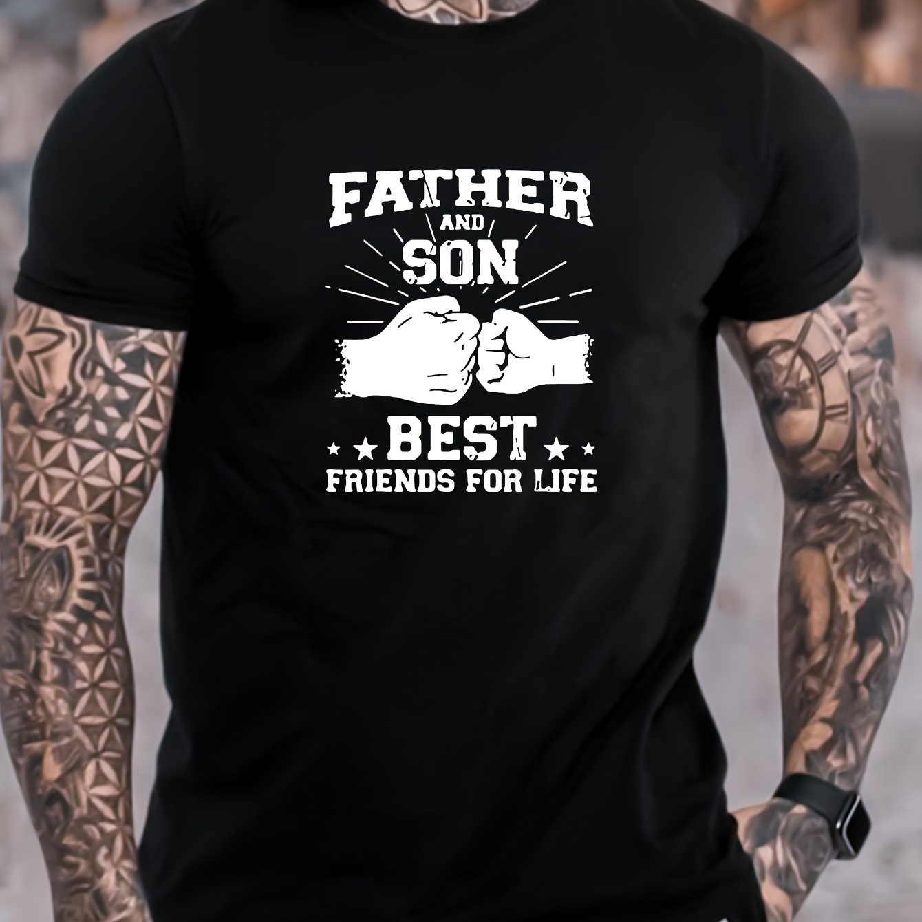 

Father & Son Print Men's Short Sleeve T-shirts, Comfy Casual Elastic Crew Neck Tops For Men's Outdoor Activities, Gifts For Father