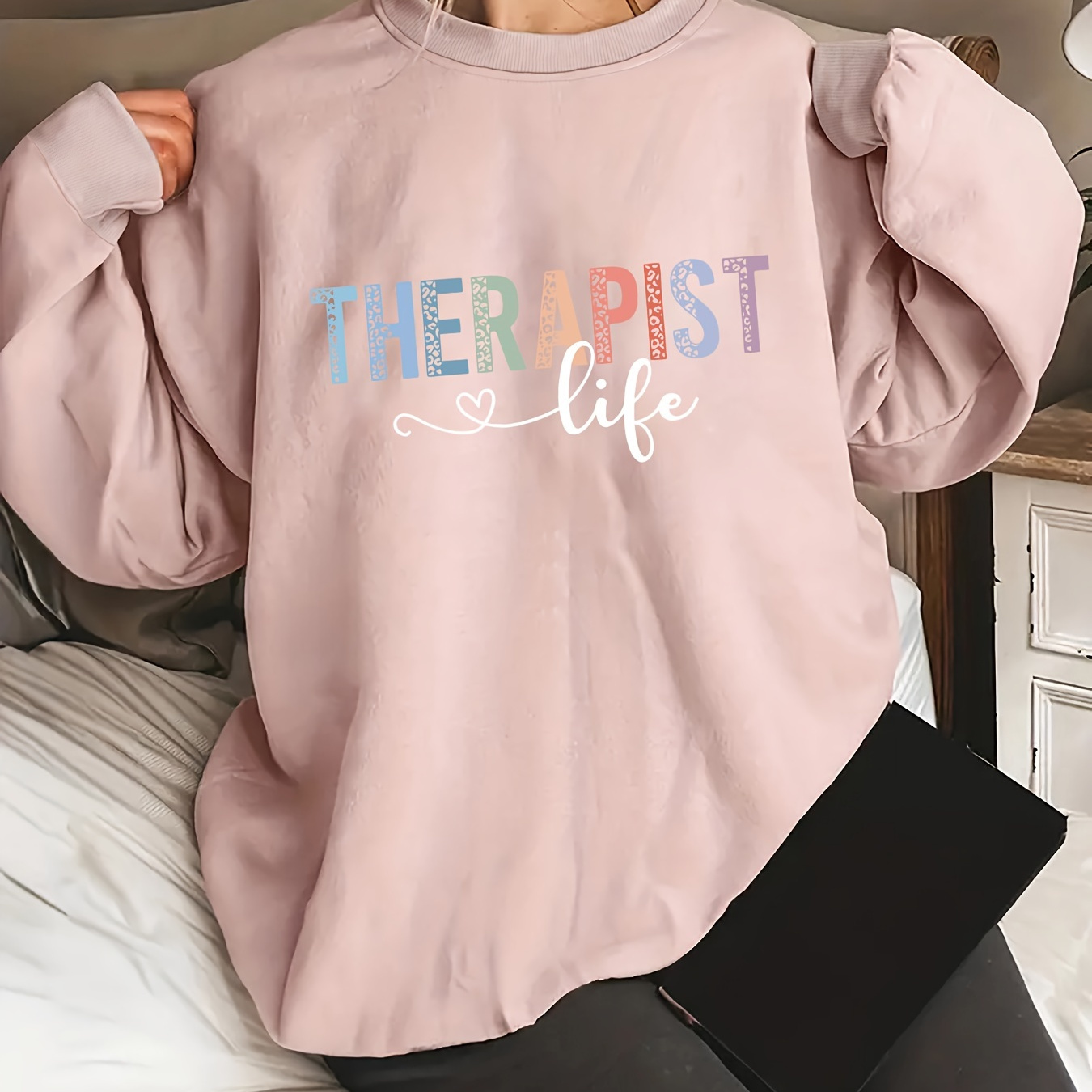 

Women' Long Sleeve Round Neck Sweatshirt, "therapist" Letter Print, Casual Polyester Knit, , No Detail, Hoodie & Pullover Style