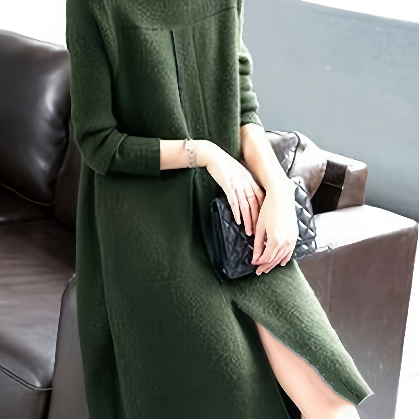 

1pc Elegant Viscose Sweater Dress - Knee-length Stand Collar Knit Dress With Regular Sleeves For All