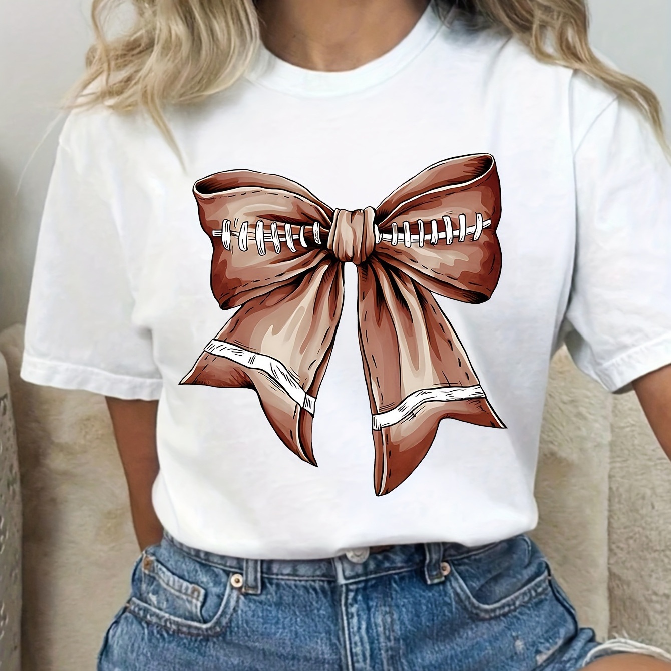 

Plus Size Bow Print T-shirt, Casual Short Sleeve Crew Neck Top For Spring & Summer, Women's Plus Size Clothing