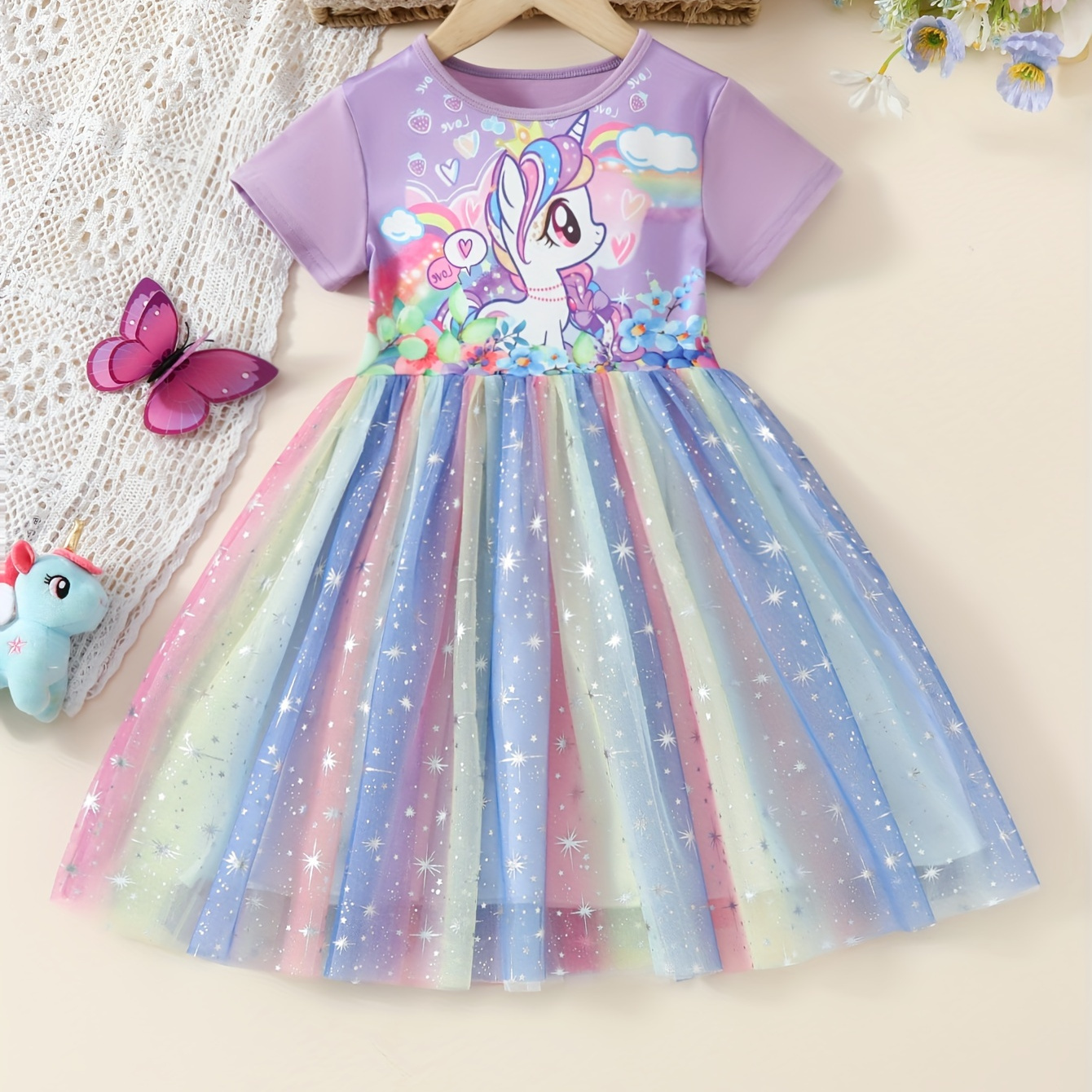 

Girls Dreamy Unicorn Graphic Flutter Trim Princess Tutu Dress Mesh Dress Party Summer