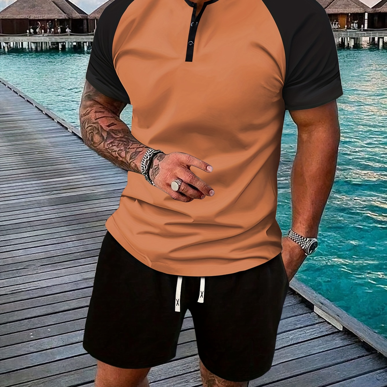 

2-piece Men's Casual Summer Vacation Outfit Set, Men's Color Block Short Sleeve Round Neck Henley Shirt & Solid Drawstring Shorts Co Ord Set