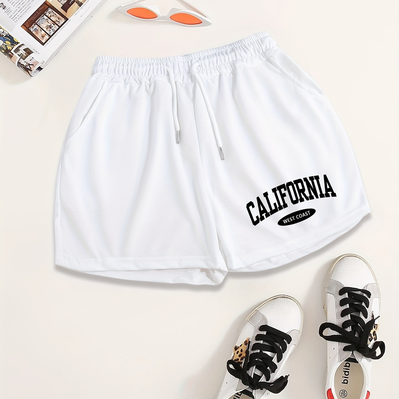 

California Letter Print Drawstring Shorts, Casual Slant Pocket Sporty Shorts, Women's Clothing