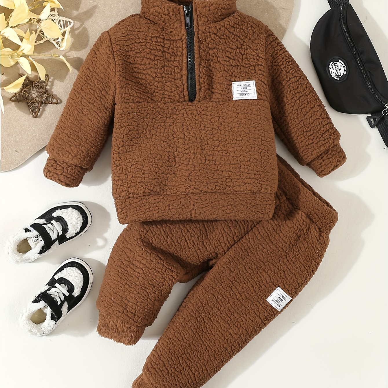 

2pcs Baby Boy's Fleece Outfit Set, Zipper Half-open Collar Top & Waist Cuffed Pants, Fall/winter Warm Casual Knit Tracksuit