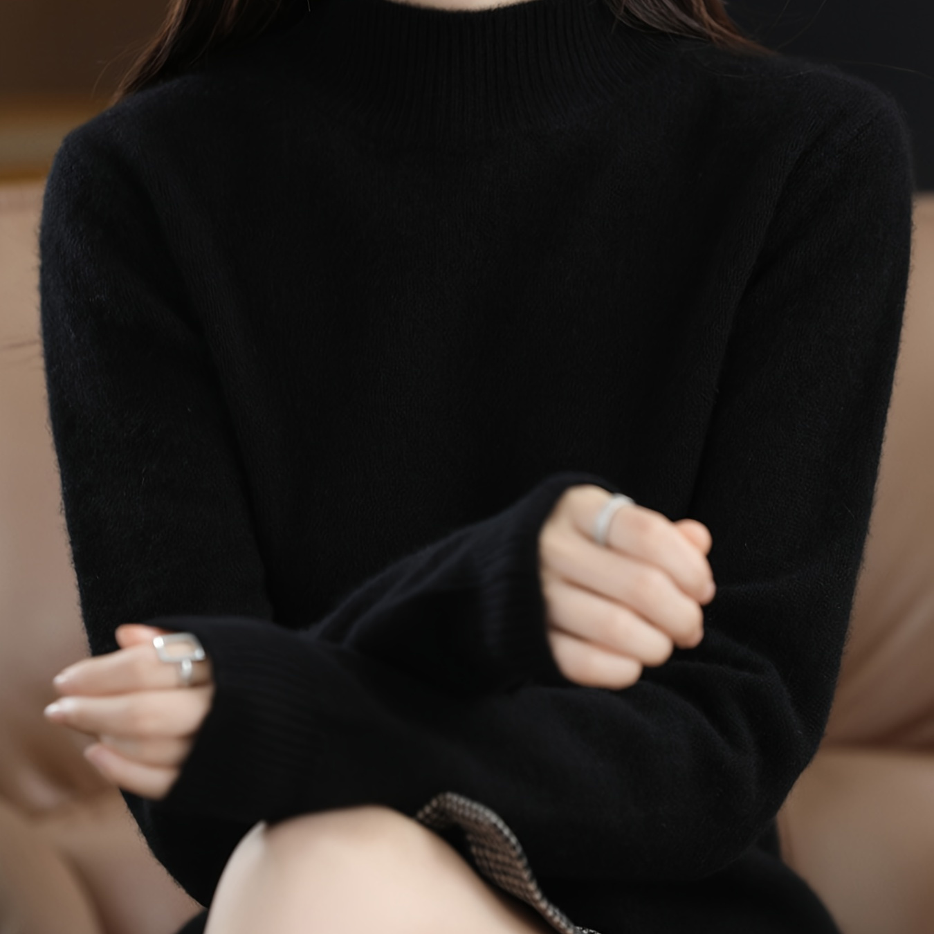 

Solid Color Mock Neck Sweater, Casual Long Sleeve Sweater For Fall & Winter, Women's Clothing