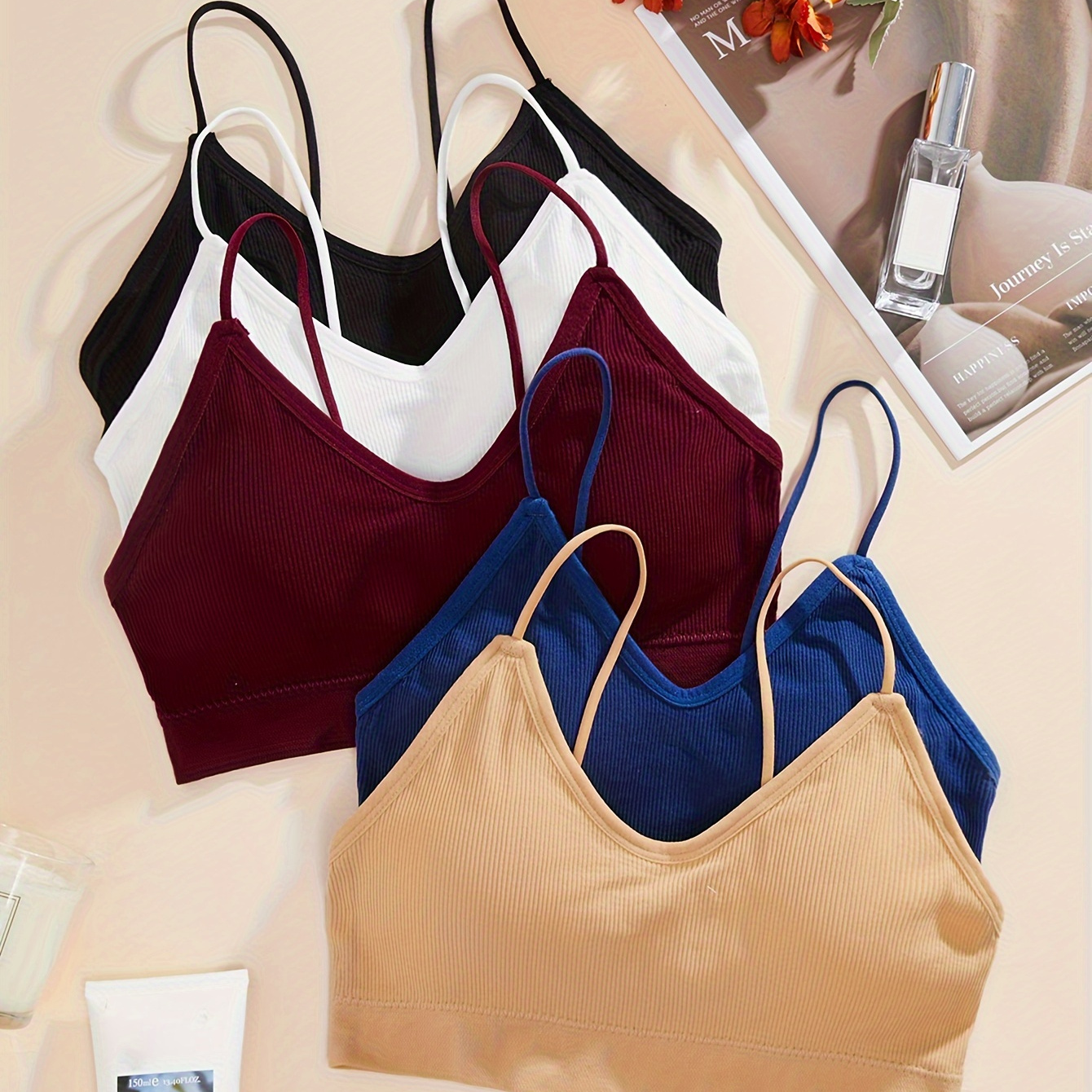 

5pcs Solid Color Simple Sports Crop Tank Tops, Comfy & Breathable Bra, Women's Lingerie & Underwear