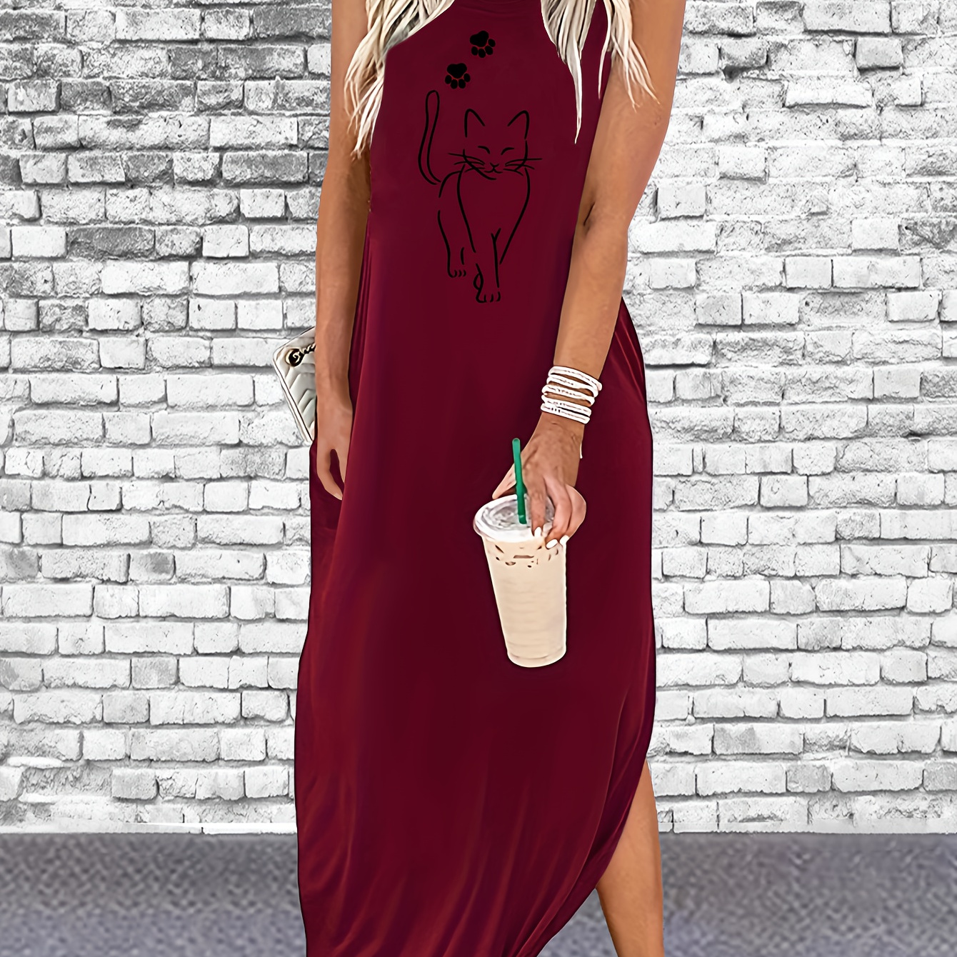 

Cat Print Sleeveless Tank Dress, Casual Crew Neck Split Long Length Tank Dress For Spring & Summer, Women's Clothing