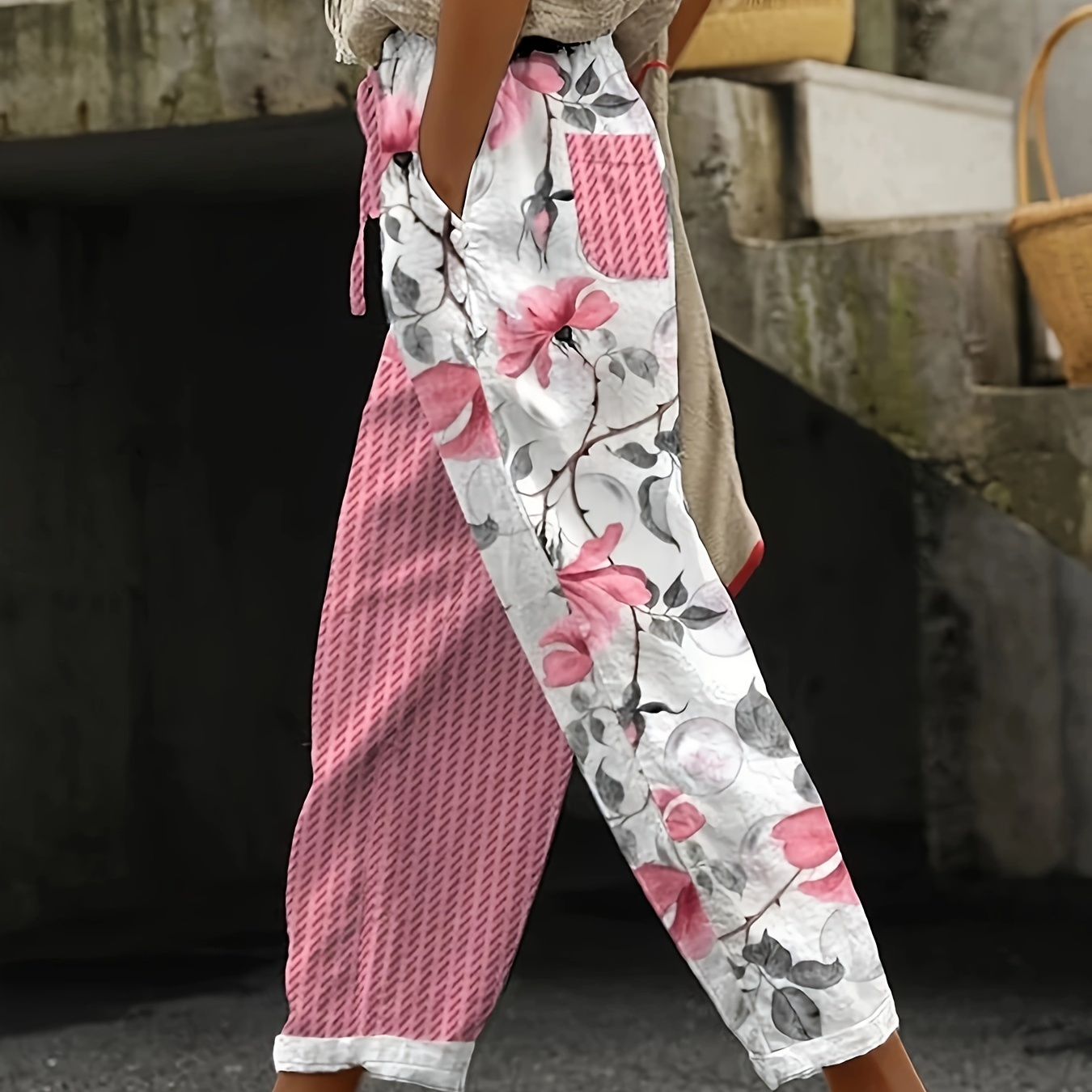 

Floral Print Elastic Waist Striped Pants, Casual Color Block Multiple Pockets Lace Up Pants, Women's Clothing