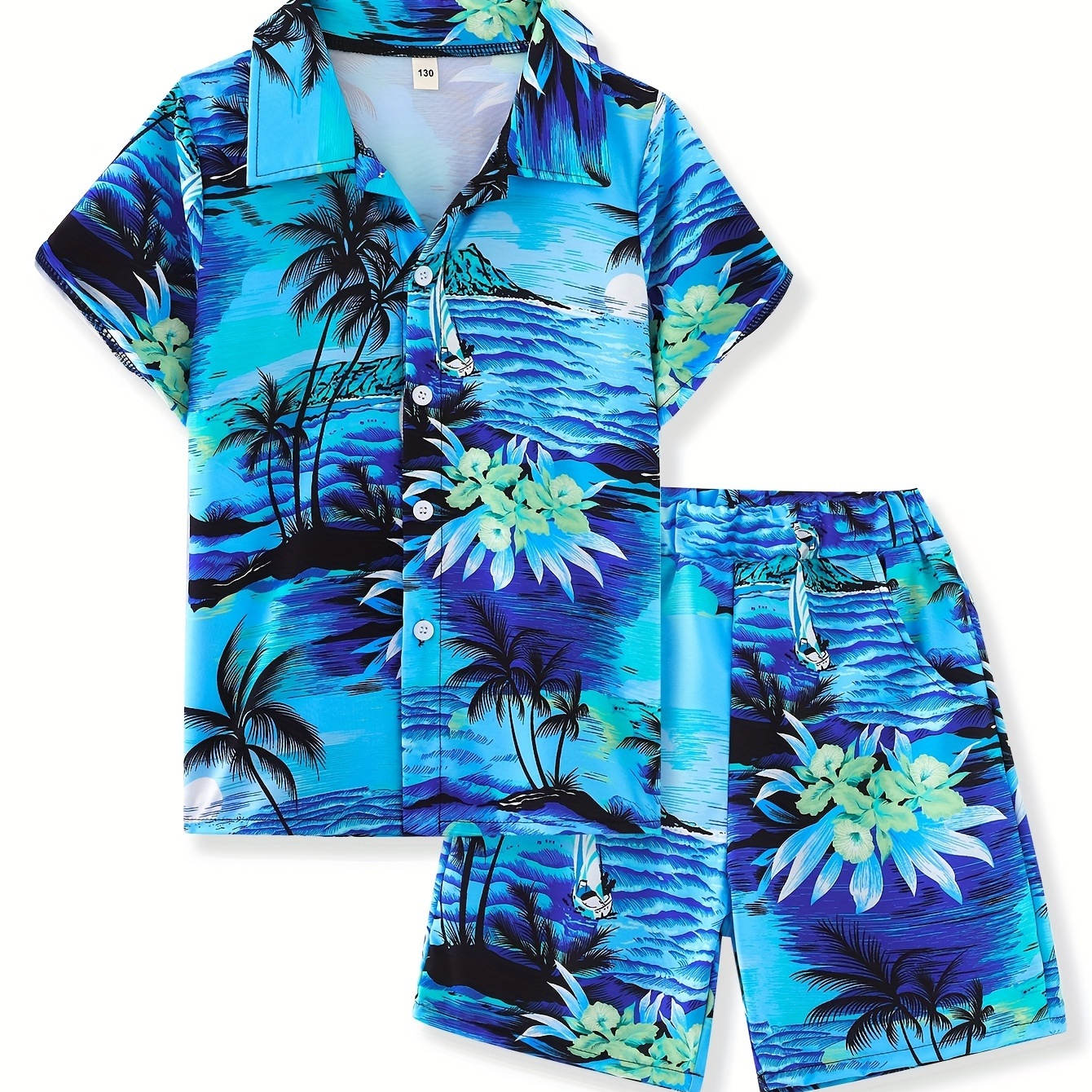 

2pcs Boys Hawaii Beach Coconut Tree 3d Graphic Print Short Sleeve Lapel Shirt & Shorts Set, Comfy Summer Boys Clothing