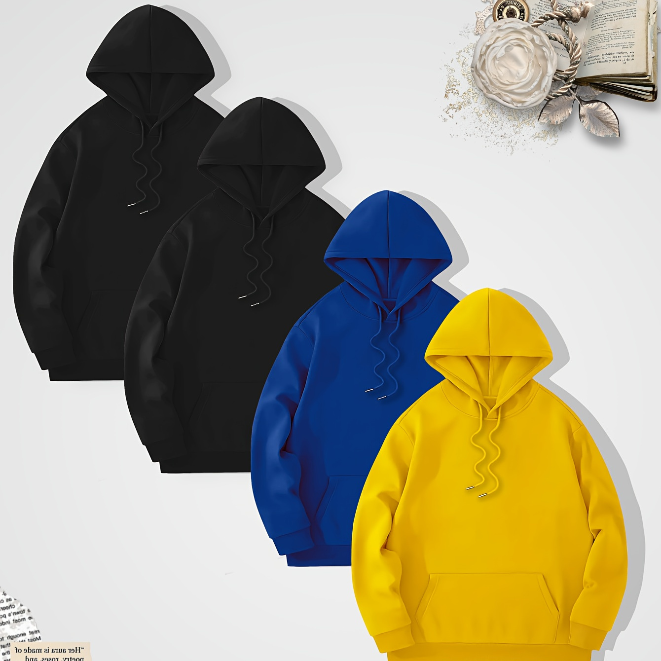 

4pcs Cool Hoodies Set For Men, Men's Casual Basic Solid Hooded Sweatshirt Streetwear For Winter Fall, As Gifts