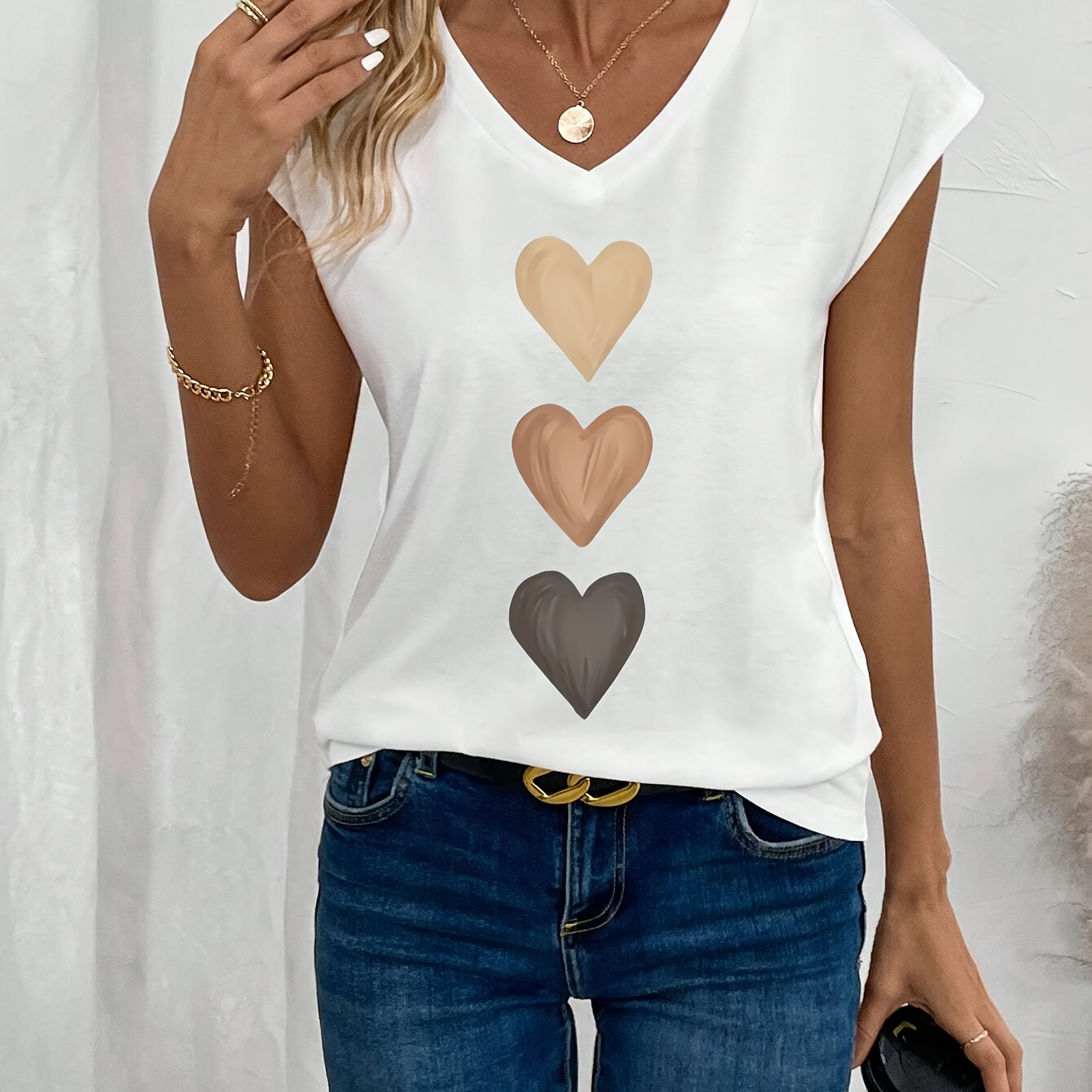 

Heart Print V Neck T-shirt, Casual Cap Sleeve Top For , Women's Clothing