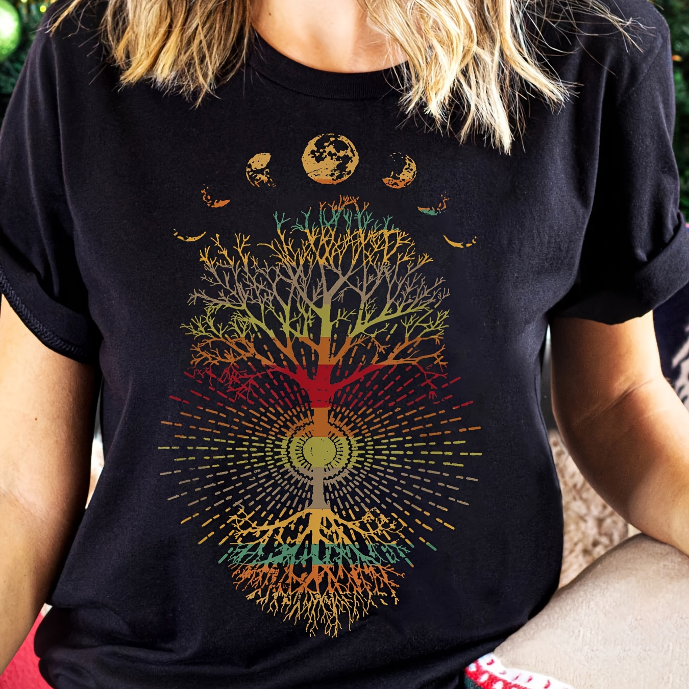 

T-shirt à col rond avec impression d'arbre et de lune, haut décontracté à manches courtes pour le printemps et l'été, vêtements pour femmes