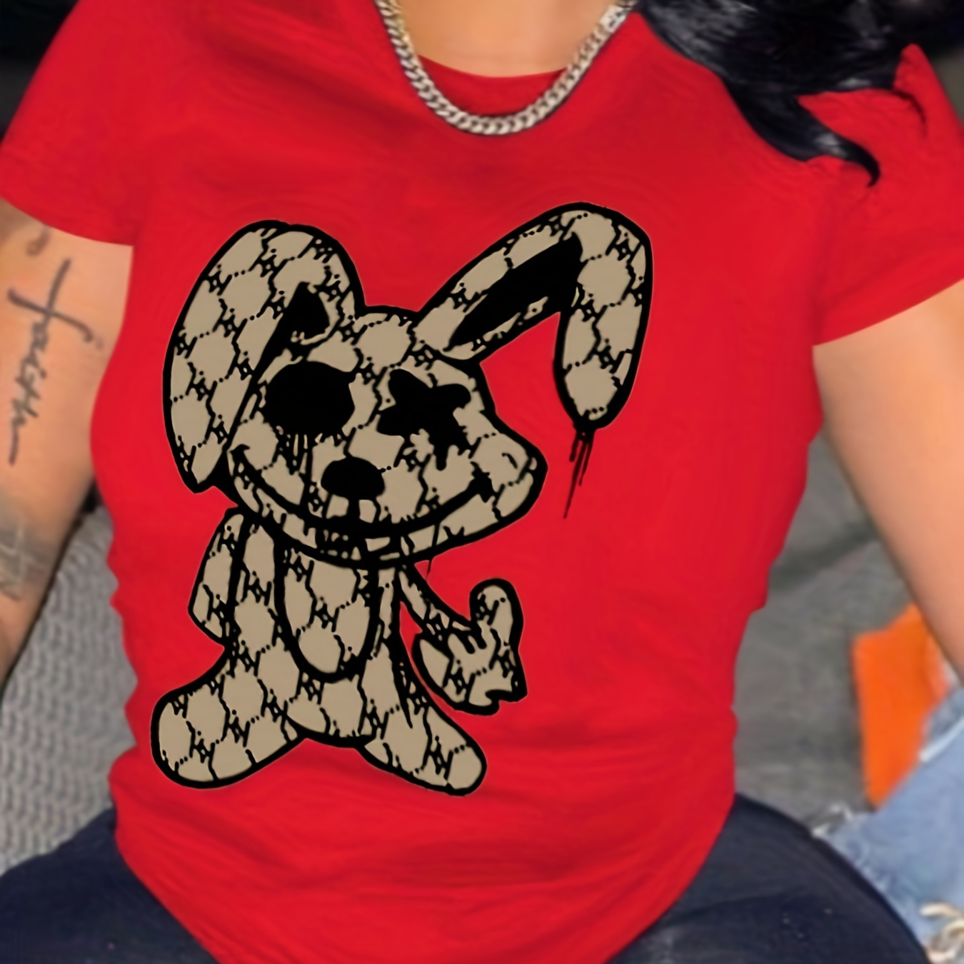 Rabbit Print Crew Neck T-shirt, Casual Short Sleeve T-shirt For Summer, Women's Clothing