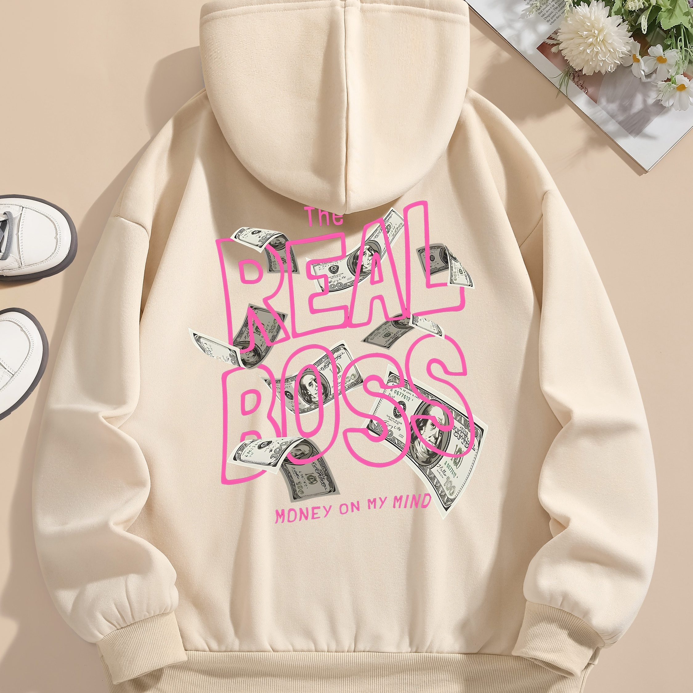 

Letter & Money Print Hoodie, Drawstring Long Sleeve Casual Hooded Sweatshirt For Winter & Fall, Women's Clothing