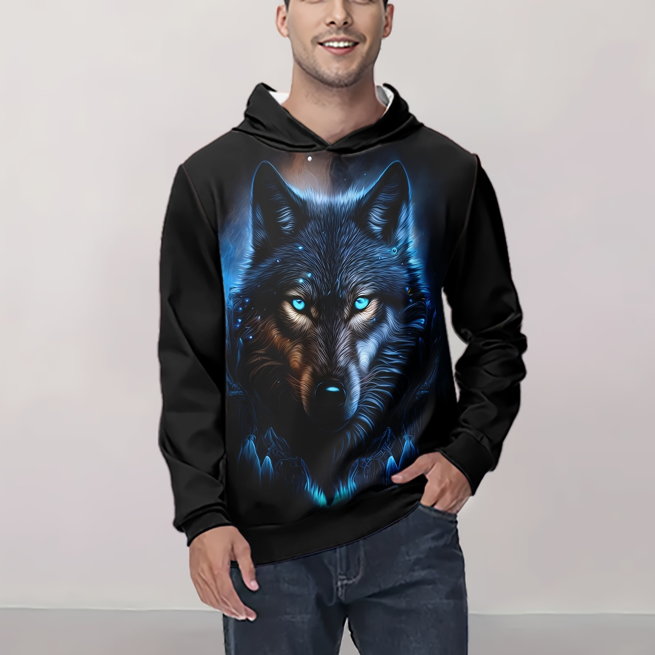 

Men's 3d Wolf Print Hoodie, Casual Long Sleeve Polyester Knit Fabric, Regular Fit Hooded Top For Spring/fall, Stretch, 200gsm - Animal Pattern Hooded Sweatshirt