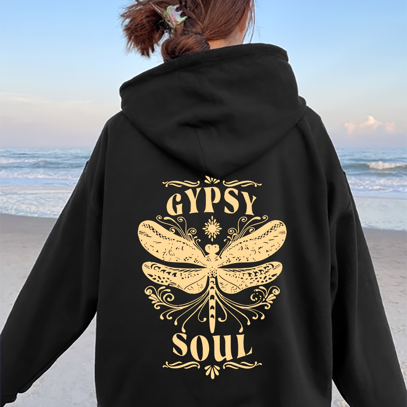 

Dragonfly Print Hoodie, Casual Long Sleeve Kangaroo Pocket Hoodie Sweatshirt, Women's Clothing