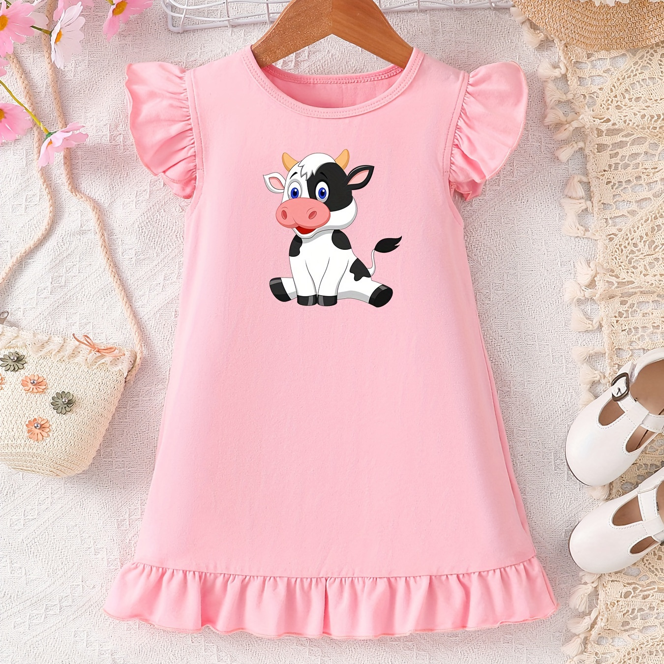 

Cute Cartoon Cow Graphic Print, Baby Girls' Stylish Crew Neck Ruffle Trim Cotton Dress For Spring & Summer, Toddler Girls' Clothes