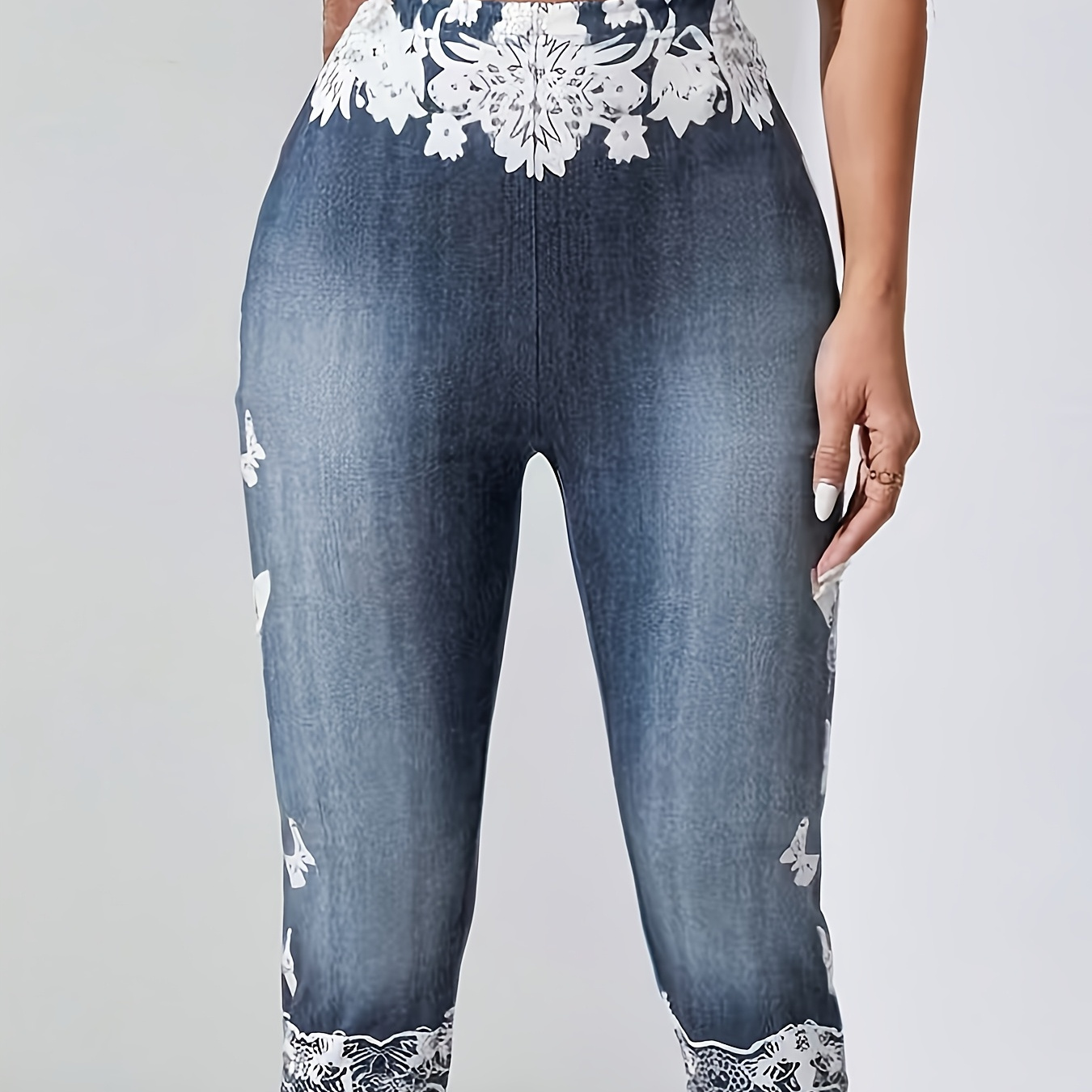 

Women's Floral And Print Denim-effect Capri Leggings - Stretchy Polyester/spandex , Mid-calf With Pockets, Machine Washable, Casual Wear Leggings|denim Look Leggings|stretchy Fabric