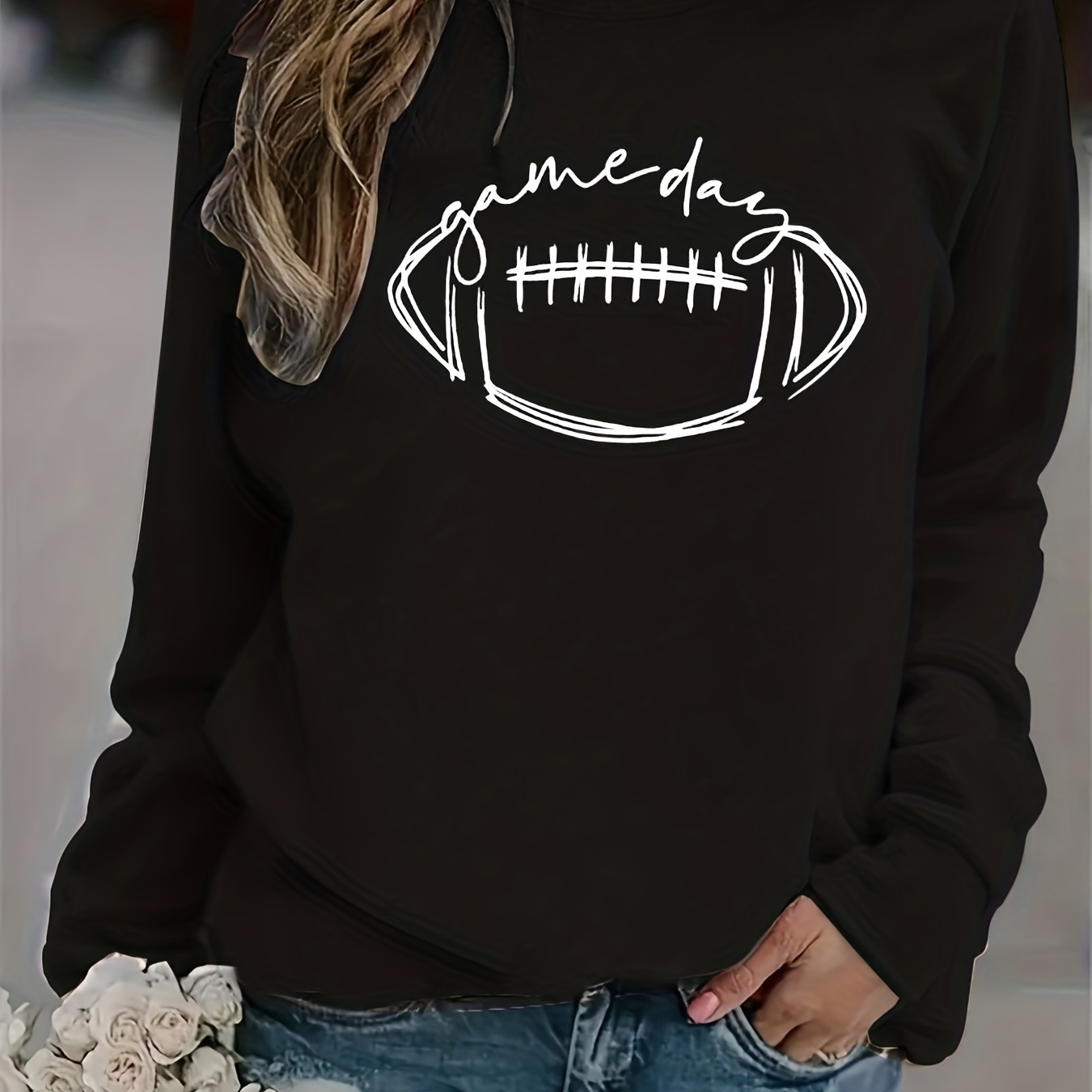 Round Neck Sports Fleece Sweatshirt For Autumn And Winter, Game Day Graphic Pullover Sweatshirt, Women's Sporty Sweatshirts