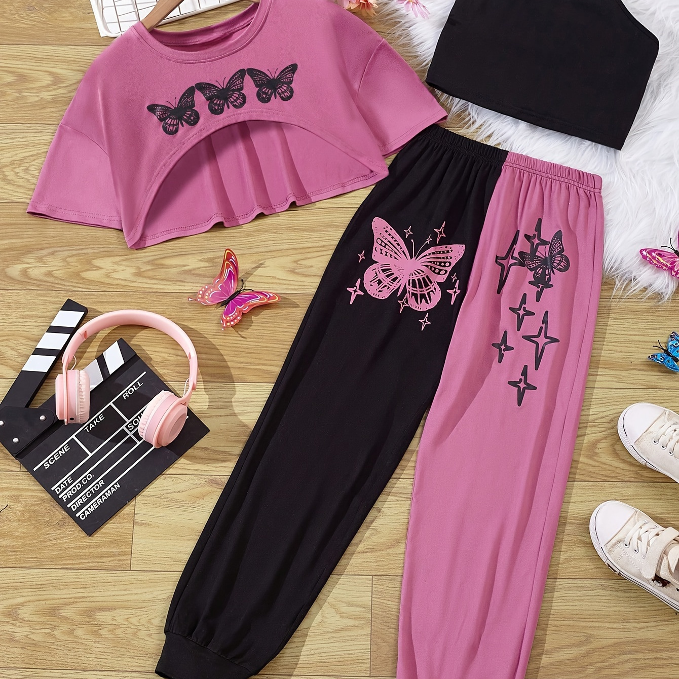 

3pcs, Butterfly Pattern Short Sleeve Crop Tee + Cami Top + Color Blocking Pants Set For Girls, Casual And Trendy Holiday Set Summer Gift, Kids' Clothing