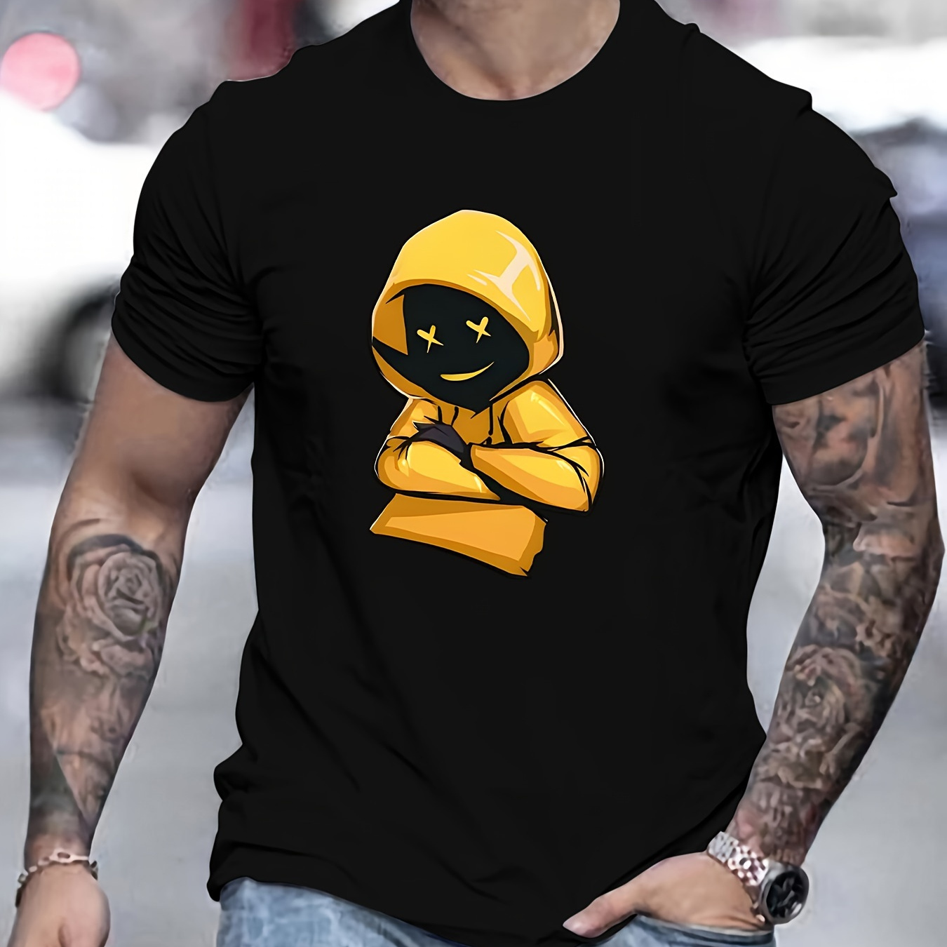 

Yellow Hooded Print Tees For Men, Casual Crew Neck Short Sleeve T-shirt, Comfortable Breathable T-shirt For All Seasons