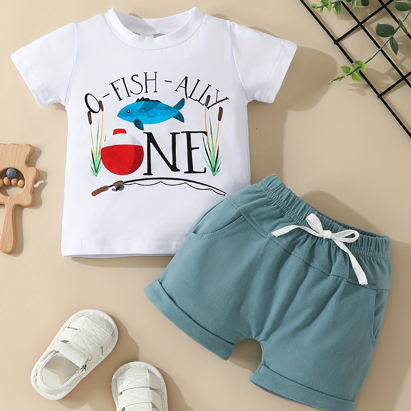 

2pcs Infant & Toddler's O-fish-ally Print Summer Outfit, T-shirt & Casual Shorts, Baby Boy's Clothes