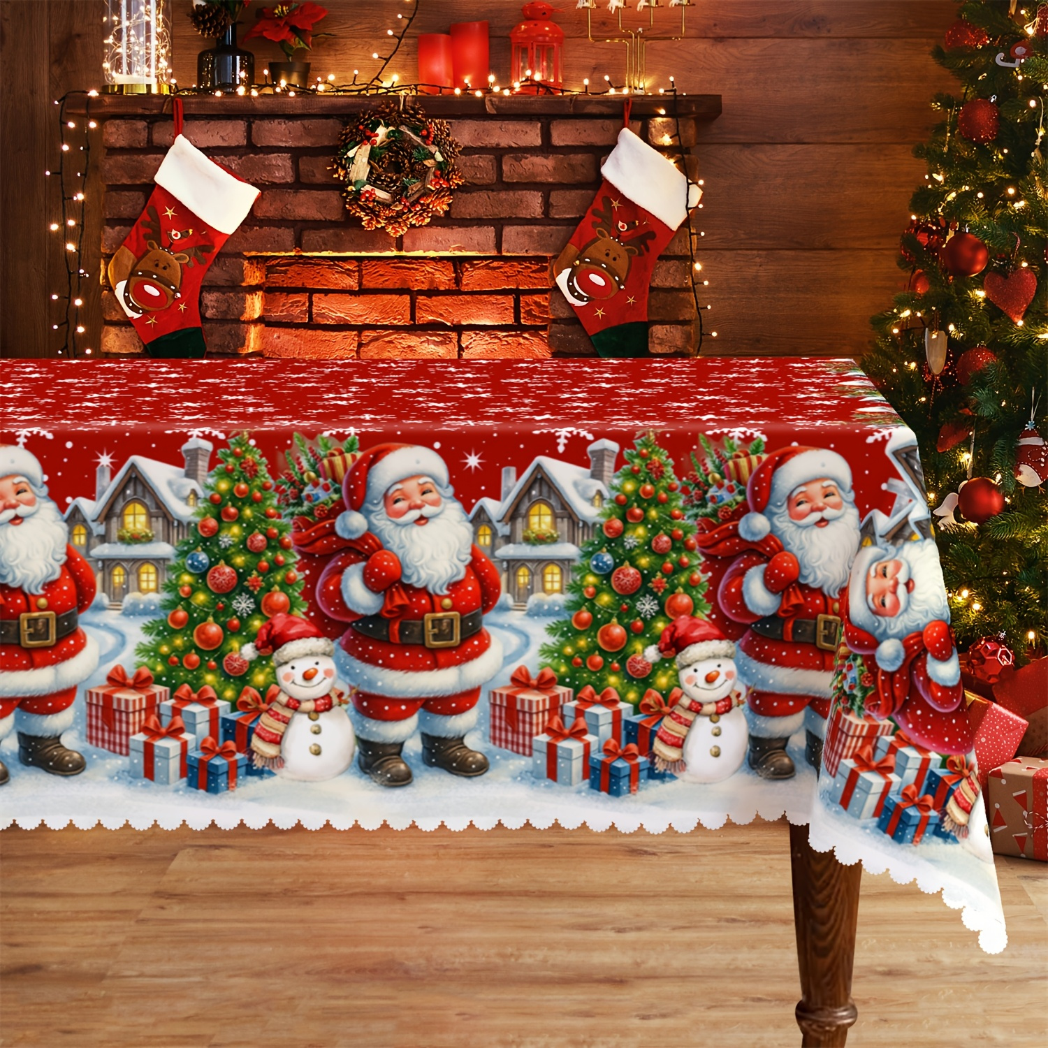 1pc Christmas Tablecloth, Polka-dot Christmas Tree Snowflake Snowman Gift Polyester Festive Home Kitchen Accessory,…: retailer-supplied image