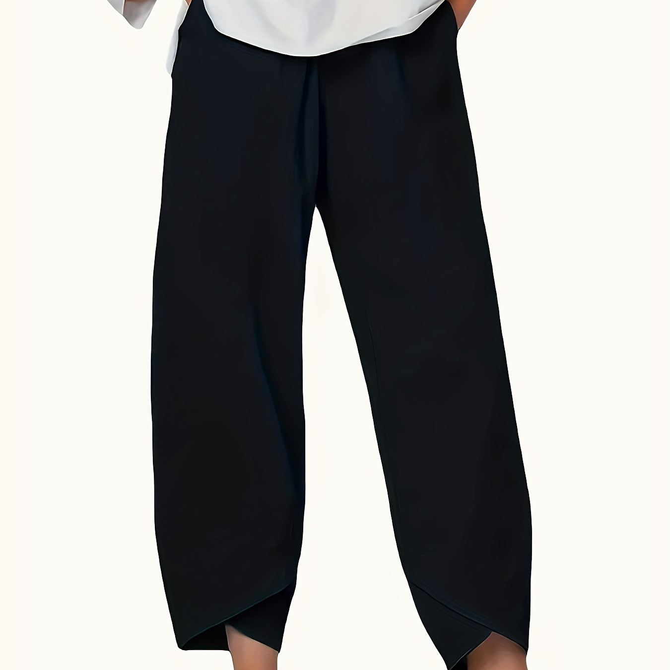 

Solid Elastic Waist Slant Pocket Pants, Casual Split Hem Loose Pants, Women's Clothing