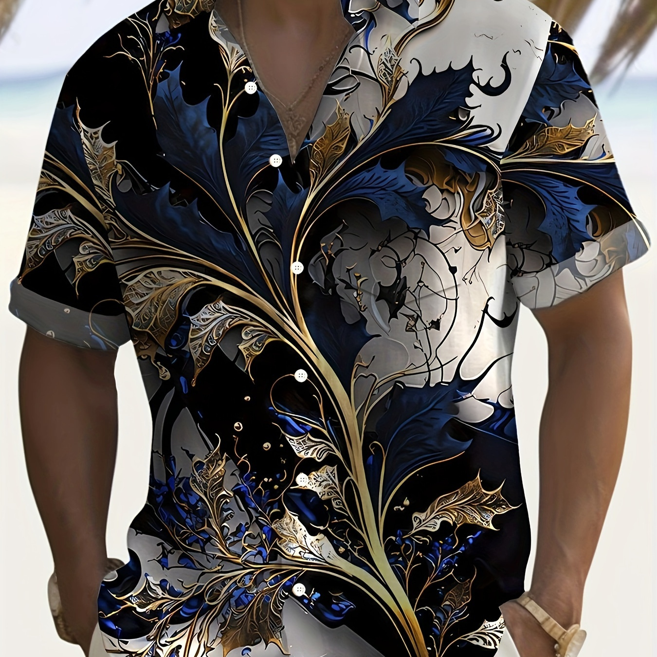 

Plus Size Golden Branch Graphic Print Shirt For Summer Holiday, Hawaiian Style Short Sleeve Shirt
