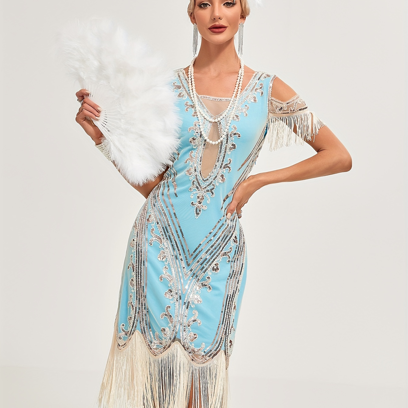 Vestito Da Sera Donna Con Paillettes E Frange - Abito Festa Scintillante Anni '20, Scollo A V, Sexy E Vintage - Foto 8