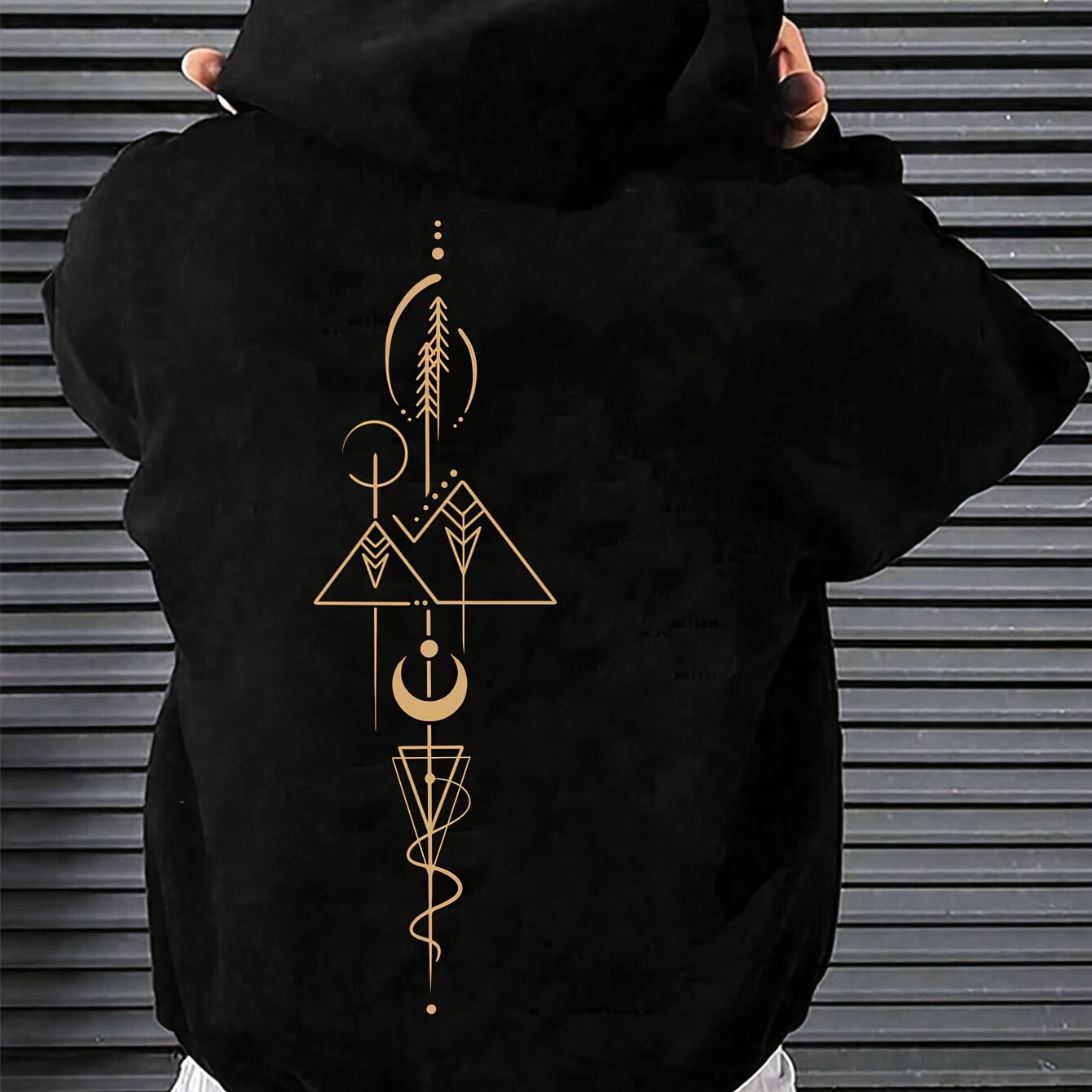 

Lounge Essential, Men's Casual Geometric Moon Print Hoodie - Cozy Fleece-lined Pullover With Kangaroo Pocket, Loose Fit & Drawstring Hood