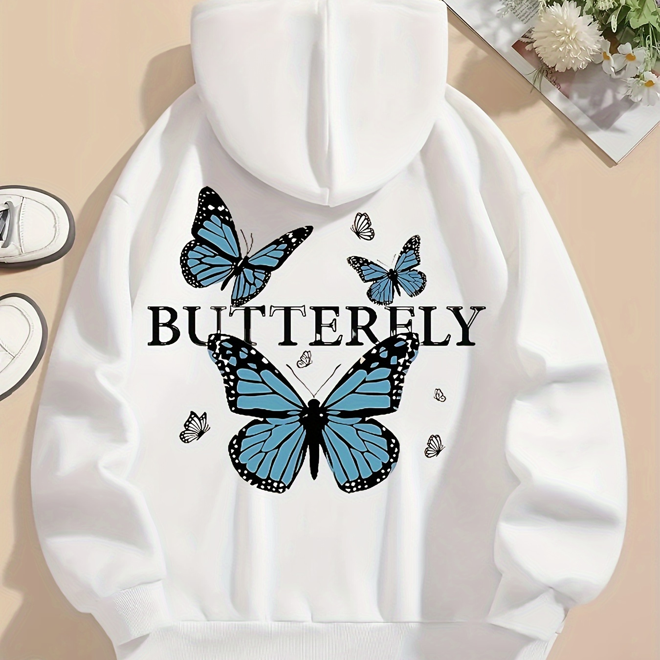 

Butterfly Print Kangaroo Pocket Hoodie, Casual Long Sleeve Drawstring Hooded Sweatshirt, Women's Clothing