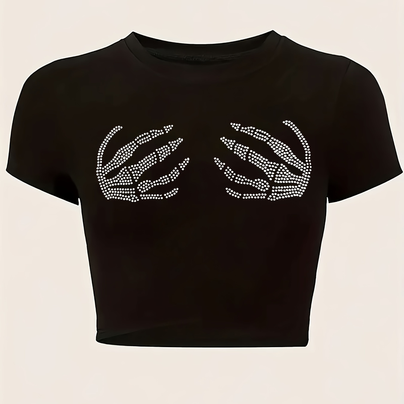 

Edgy | Women's Y2k-inspired Black Top T-shirt With Glittery Skeleton Hands Design, Short Sleeve, Round Neck - Stretchy Polyester , Machine Washable For Spring/summer