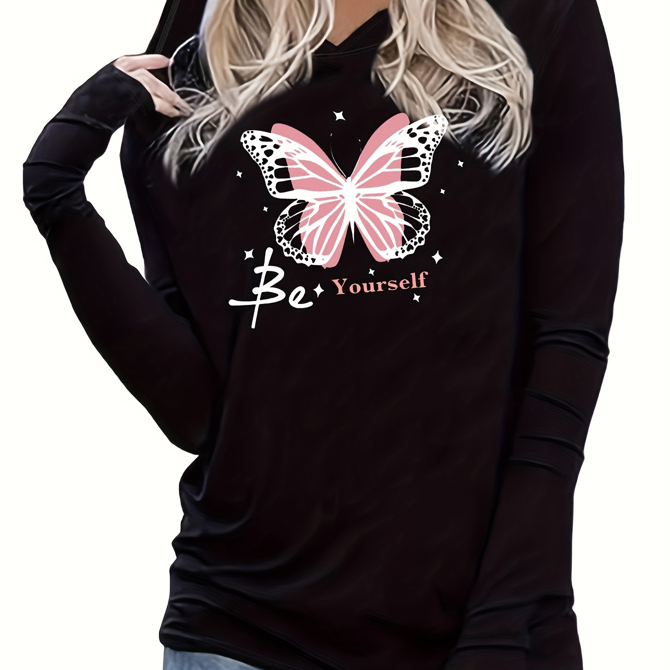 

Pink Butterfly Graphic Printed T-shirt, Long Sleeved Hooded Spring And Autumn Casual Top, Women's Clothing