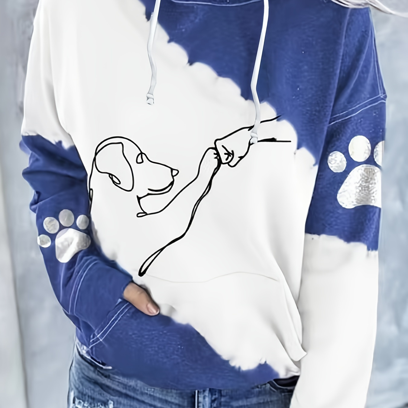 Plus Size Casual Sweatshirt, Women's Plus Colorblock Dog Print Long Sleeve Drawstring Hoodie With Pockets